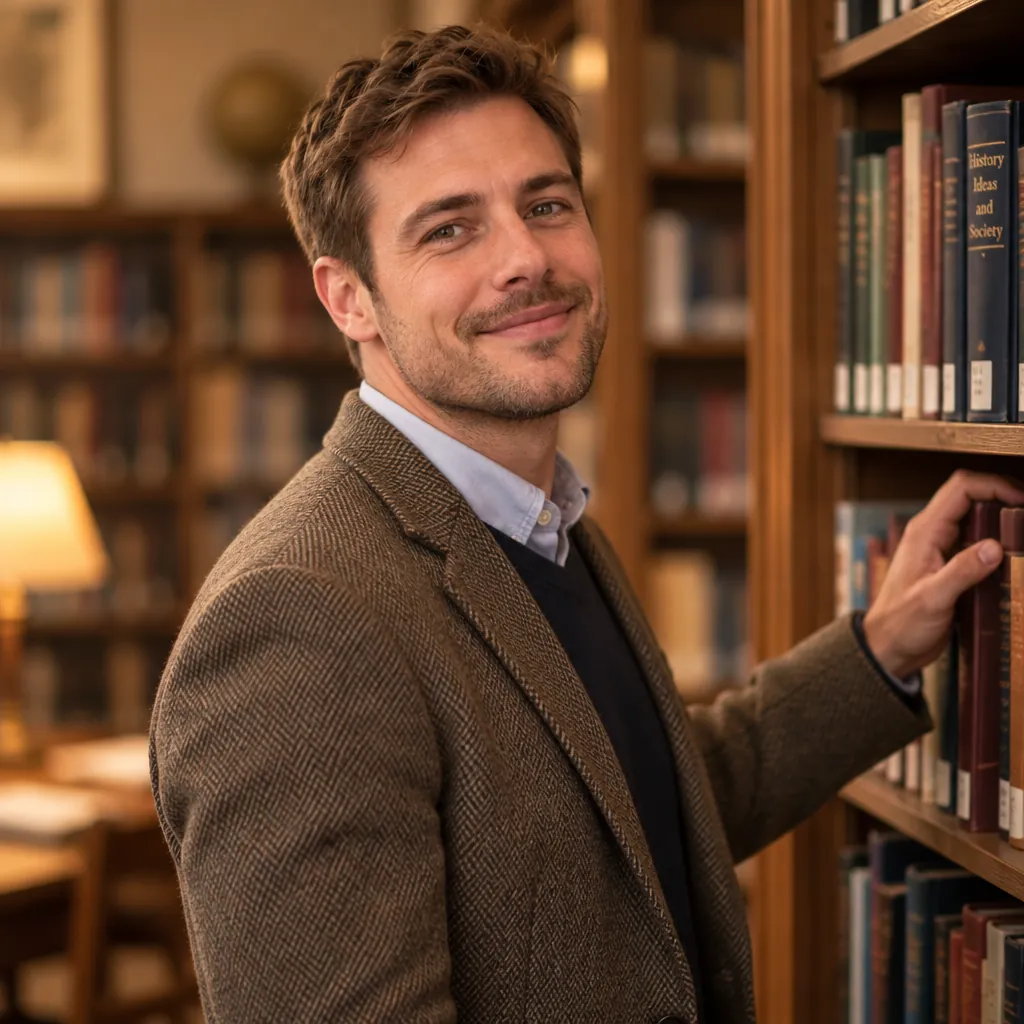 Academic shelves headshot, Browsing shelves pose