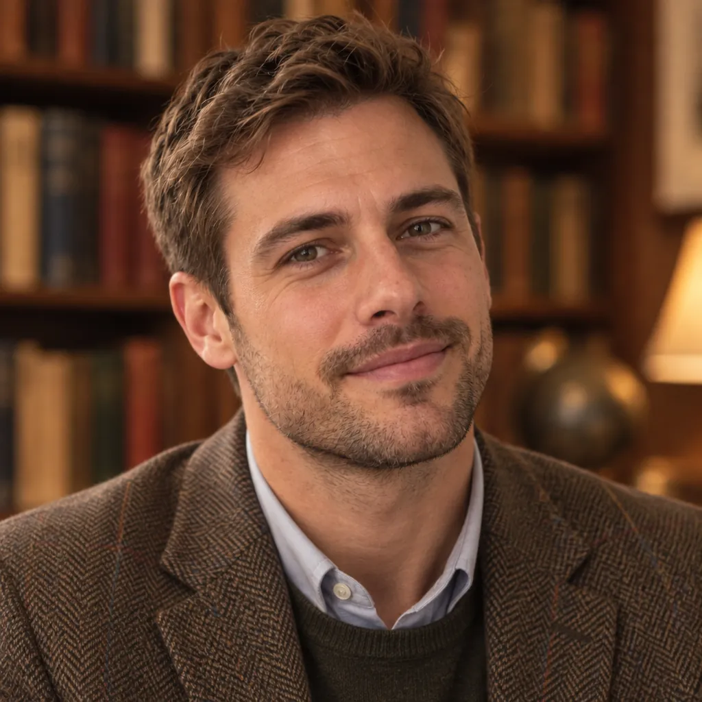 Academic shelves headshot, Pensive close-up pose