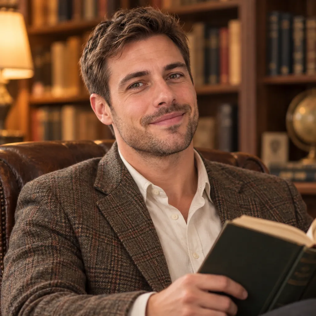Academic shelves headshot, Book in hand pose