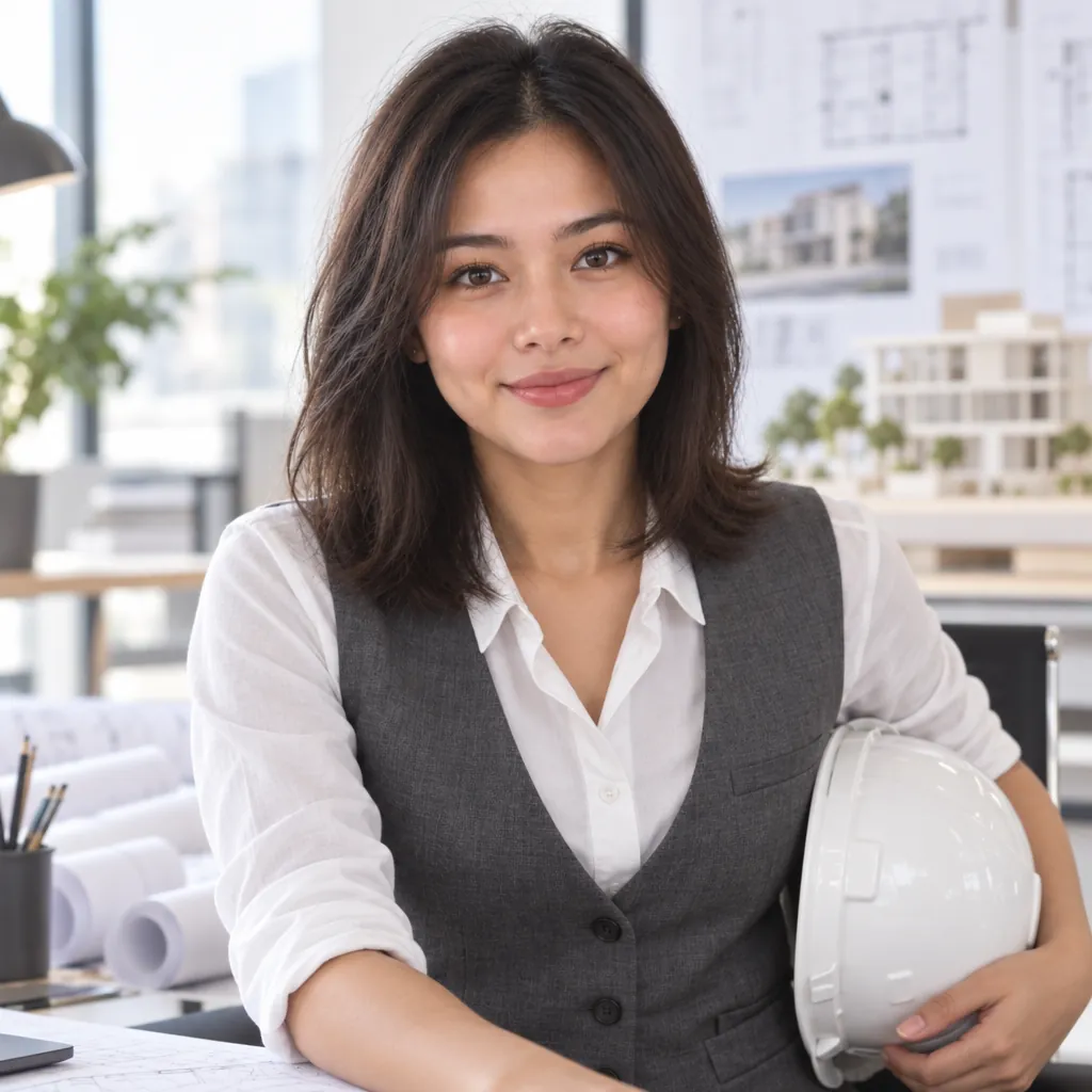 Architect on site headshot, Seated lean pose