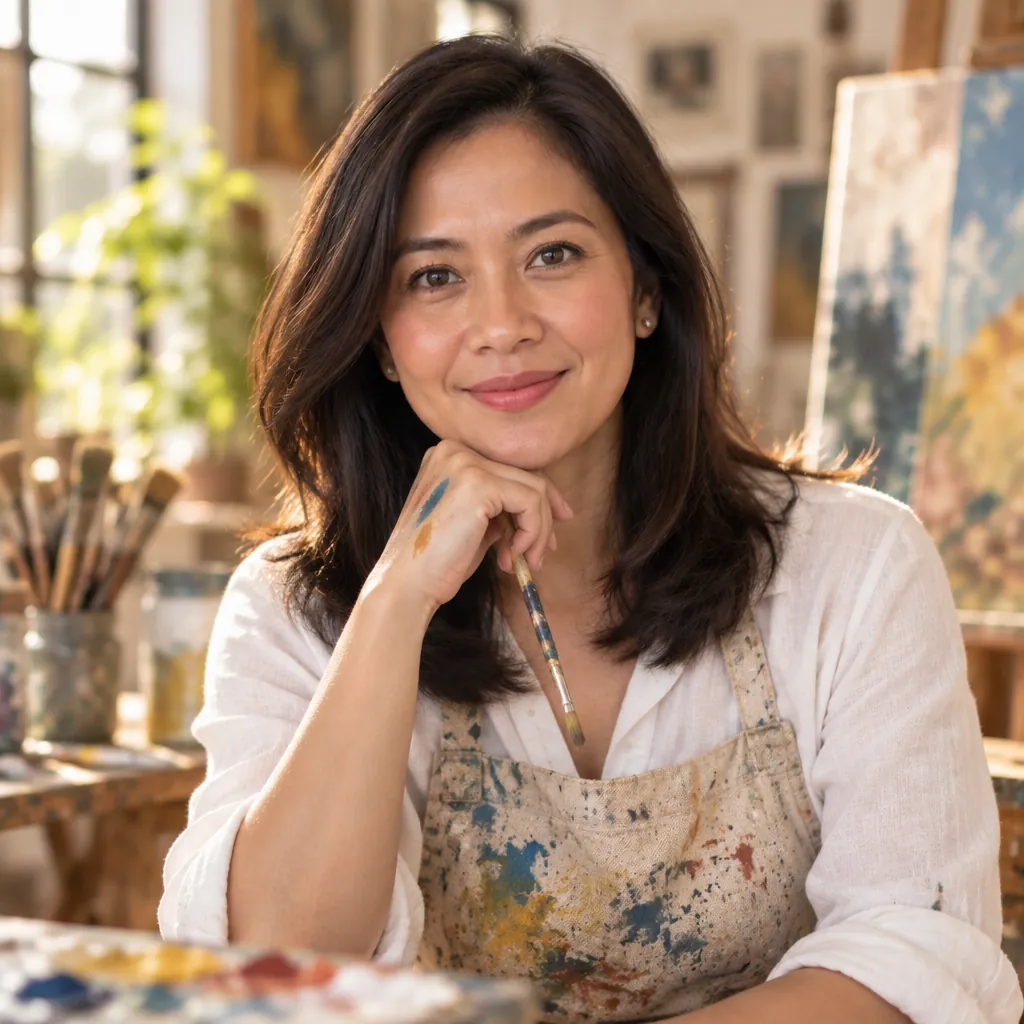 Painter in studio headshot, Calm headshot pose