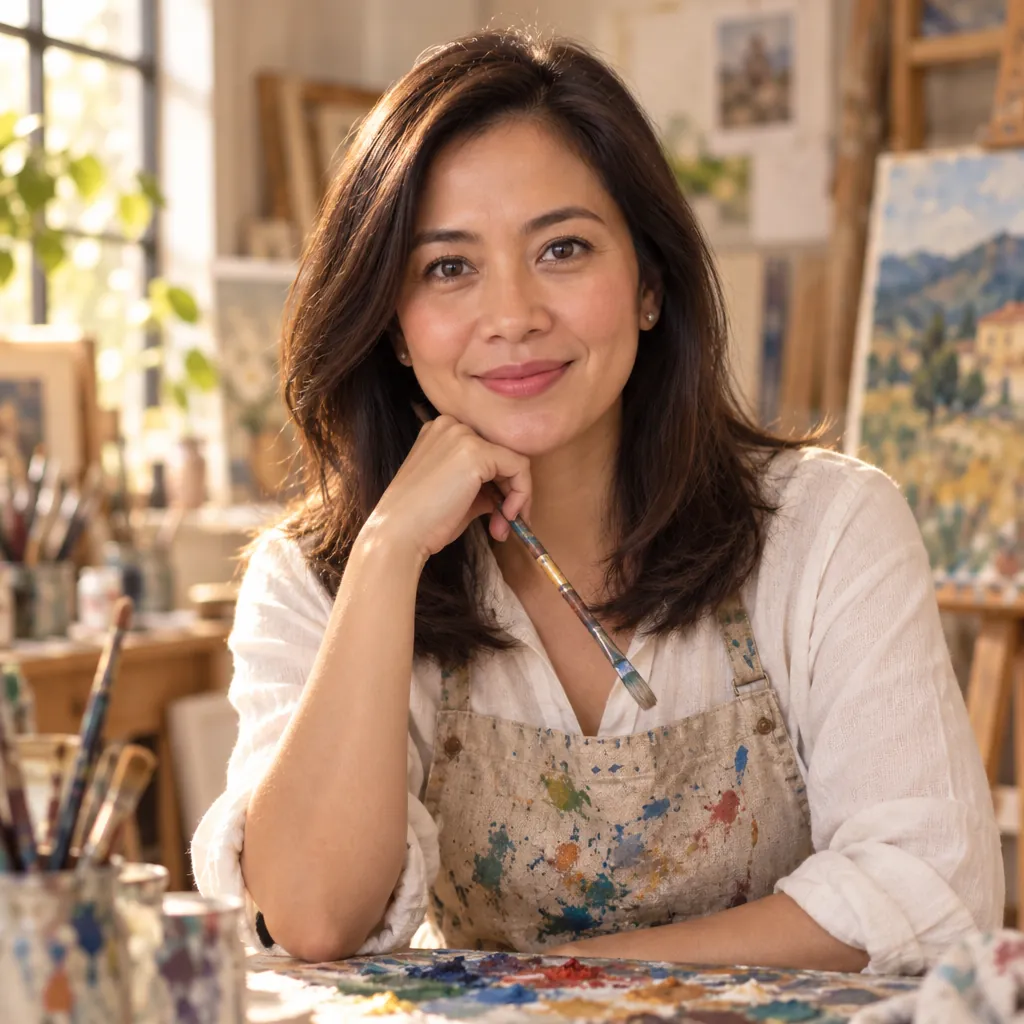 Painter in studio headshot, Poised headshot smile pose