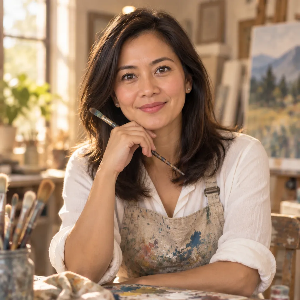 Painter in studio headshot, Seated lean pose