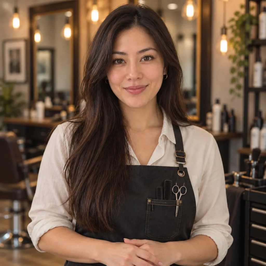 Stylist in salon headshot, Hands clasped pose
