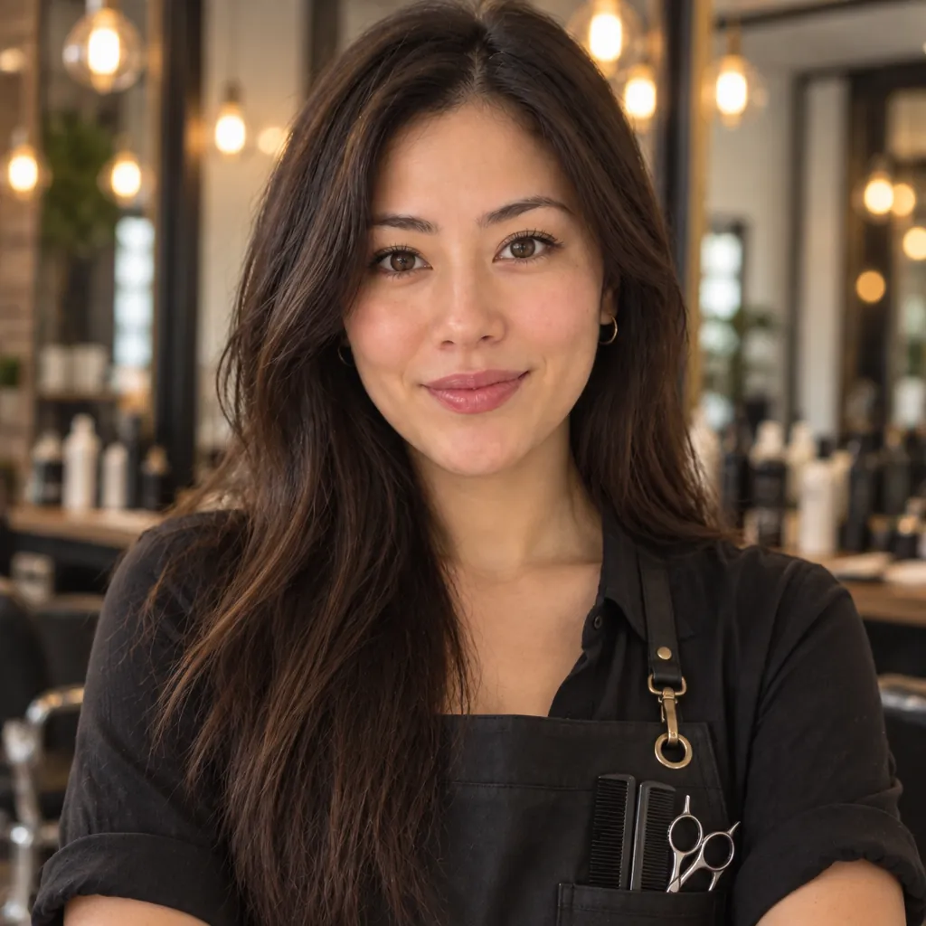 Stylist in salon headshot, Thoughtful close-up pose