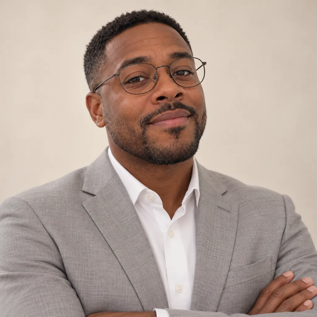 Consultant light headshot, Analytical stance pose