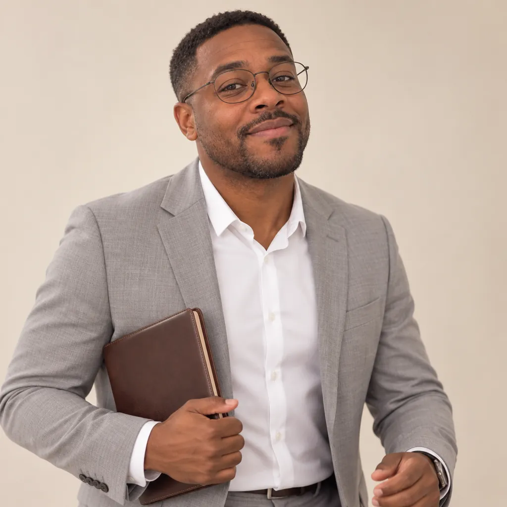 Consultant light headshot, Notepad in hand pose