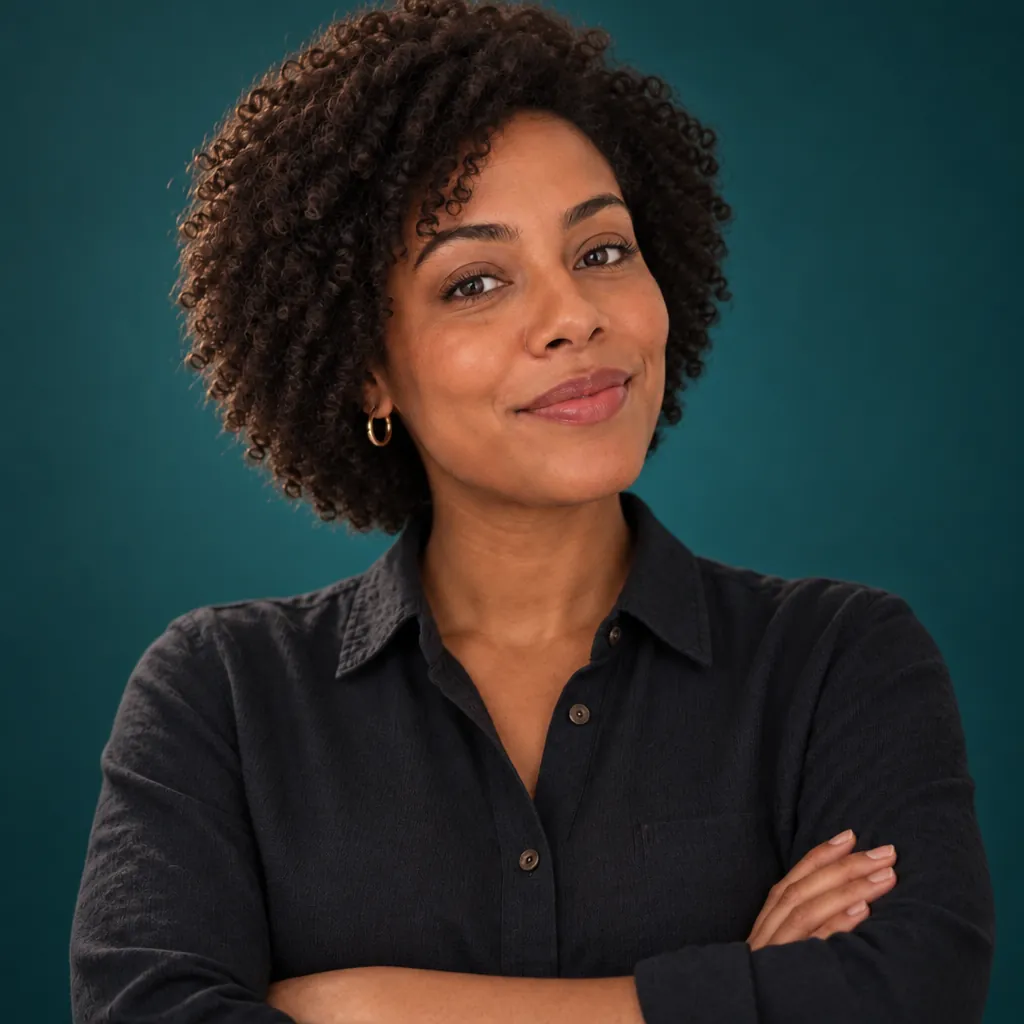 Creative teal headshot, Assured crossed pose