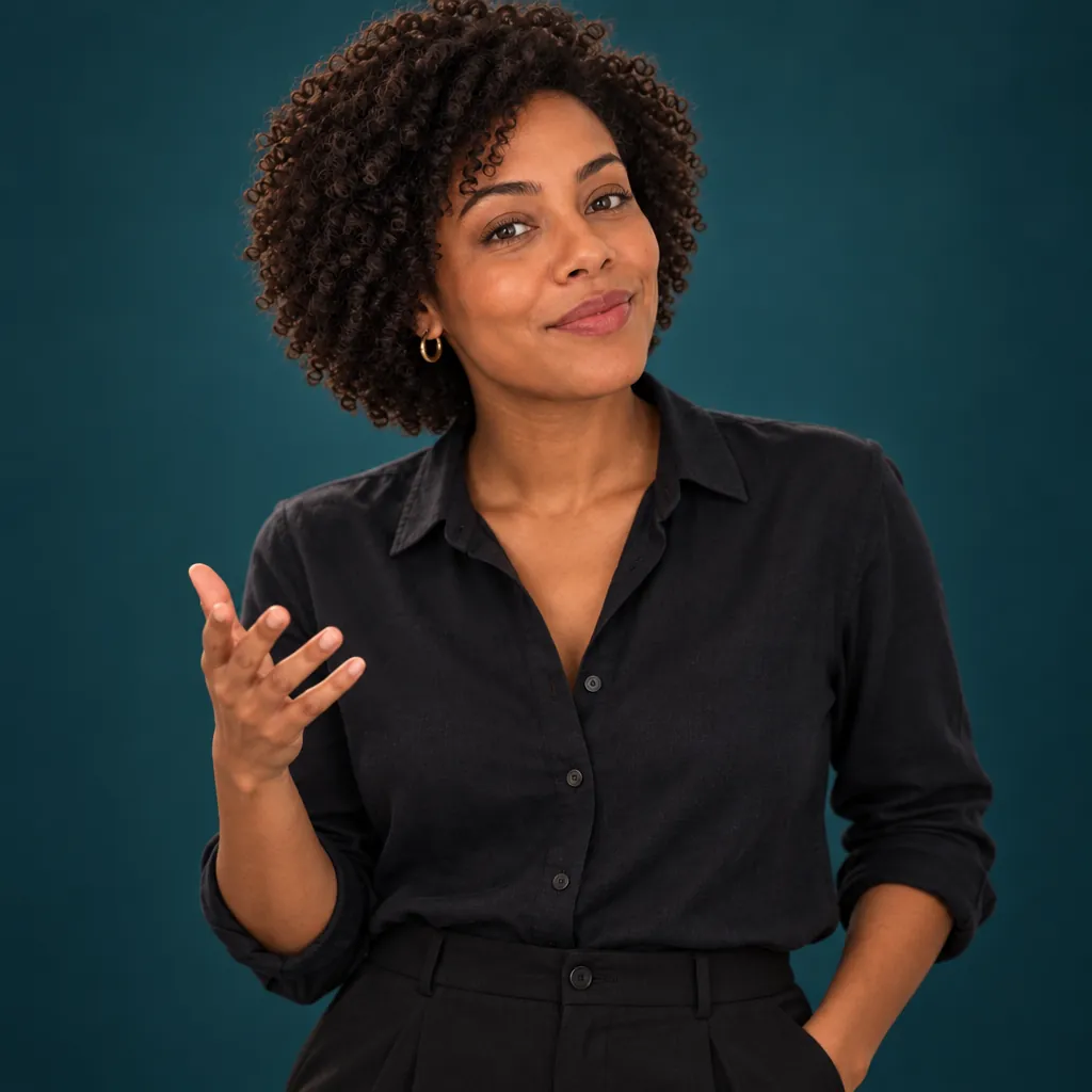 Creative teal headshot, Expressive gesture pose
