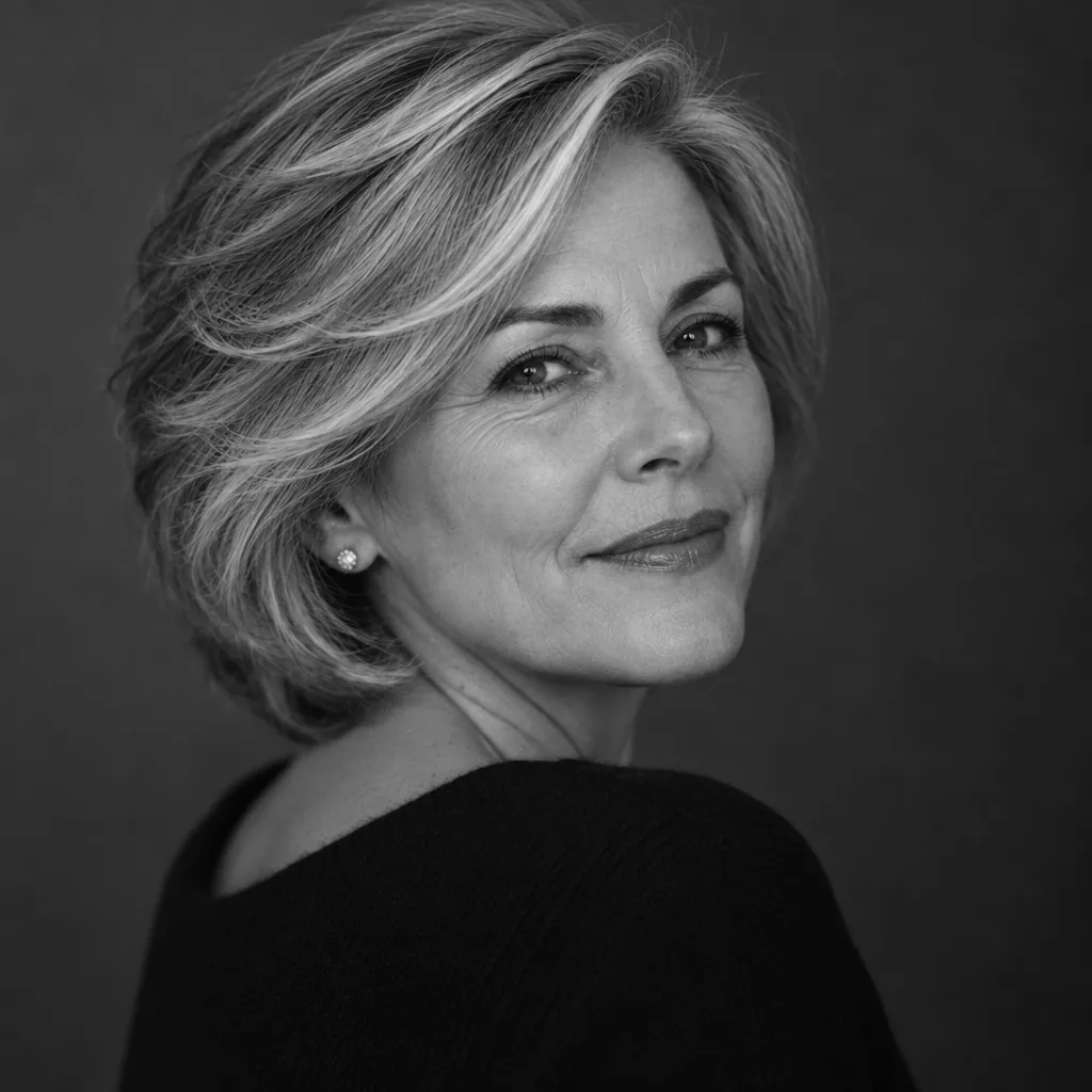 Editorial mono headshot, Over-shoulder glance pose