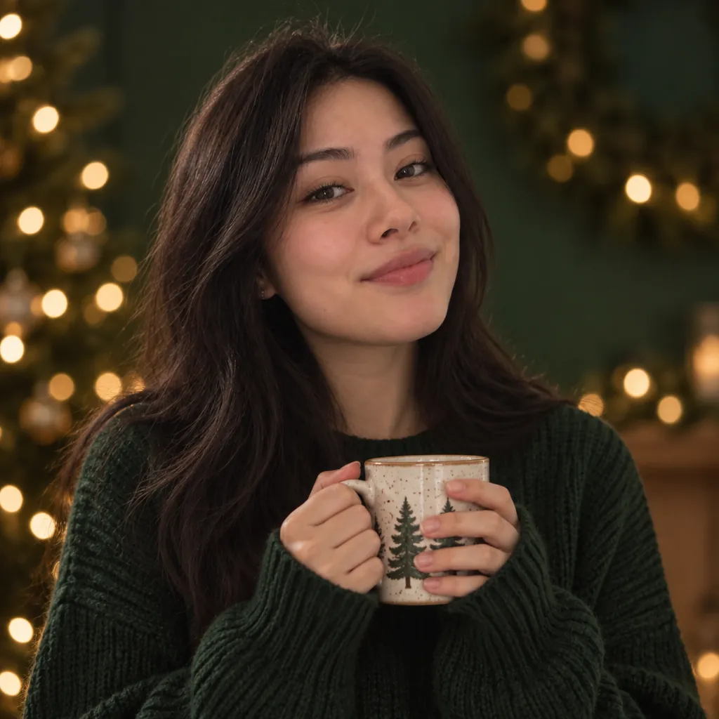 Holiday green headshot, Cozy mug pose