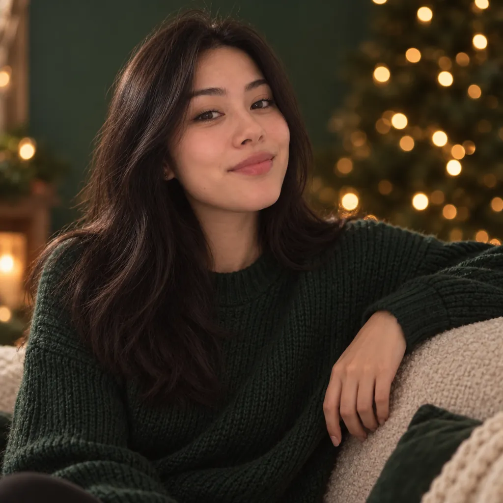 Holiday green headshot, Relaxed on armrest pose