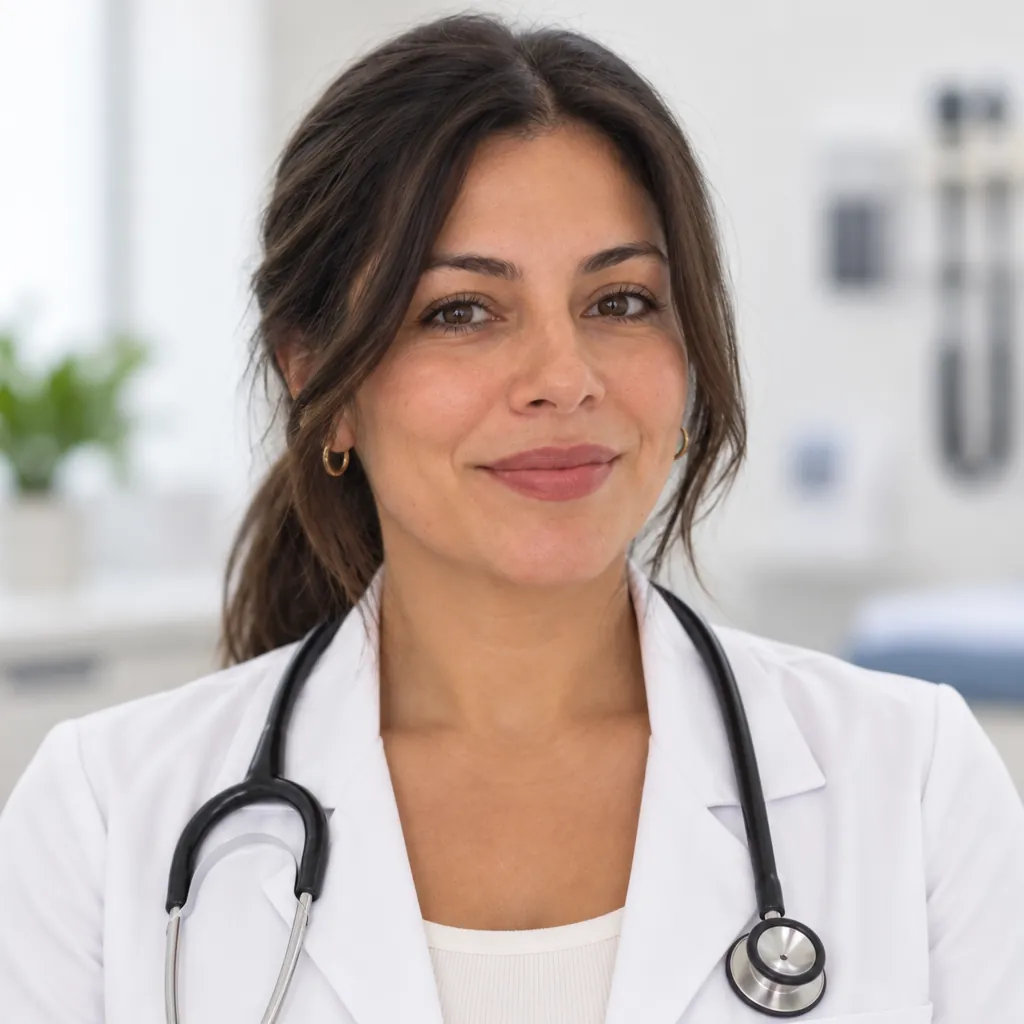Medical white headshot, Tight headshot, calm focus pose