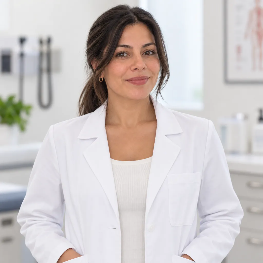 Medical white headshot, Chest-level, hands in coat pockets pose