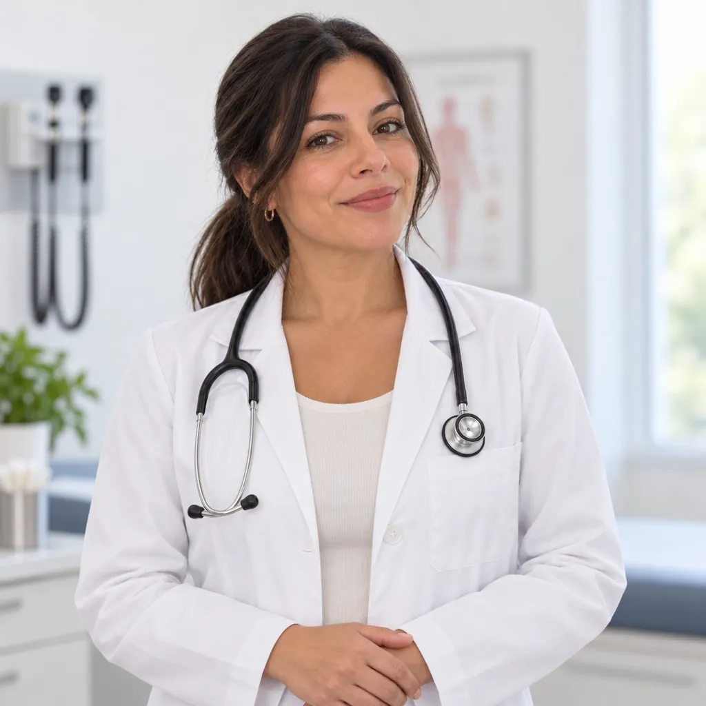 Medical white headshot, Waist-up, hands folded pose