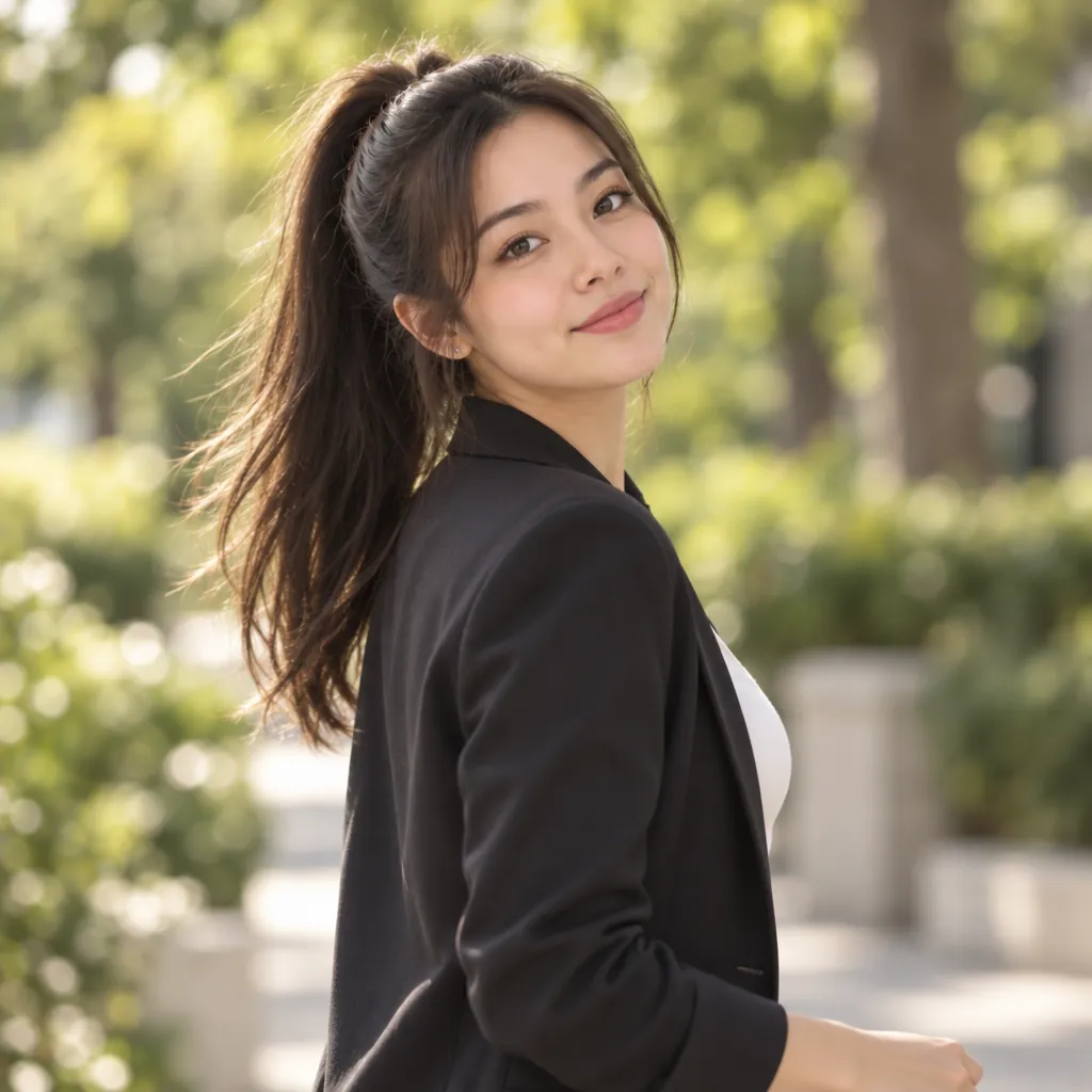 Outdoor bokeh headshot, Walking glance pose