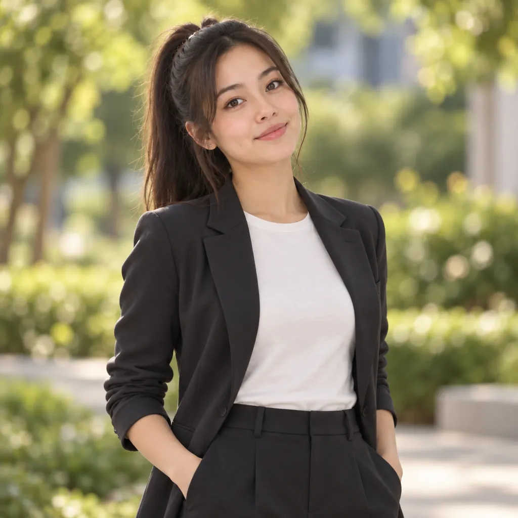 Outdoor bokeh headshot, Angled, pockets pose