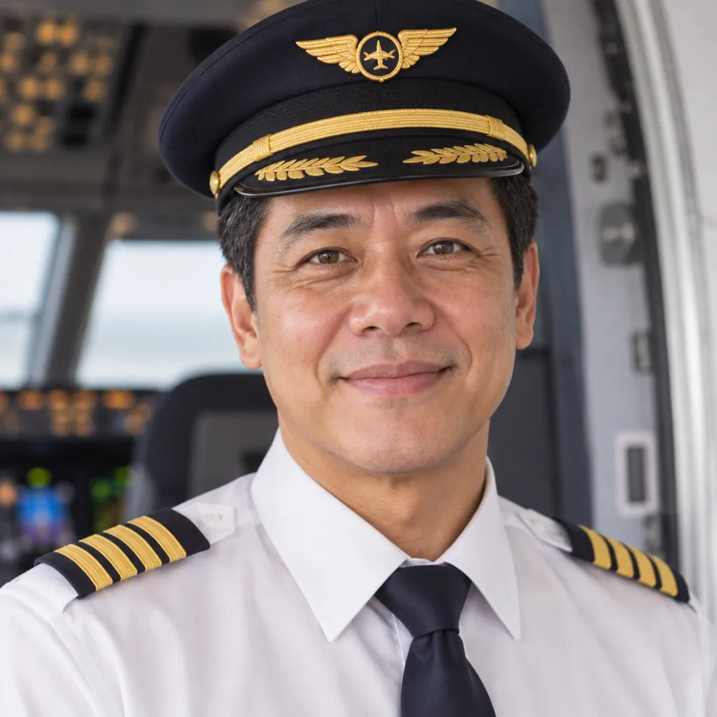 Airline pilot headshot, Thoughtful close-up pose