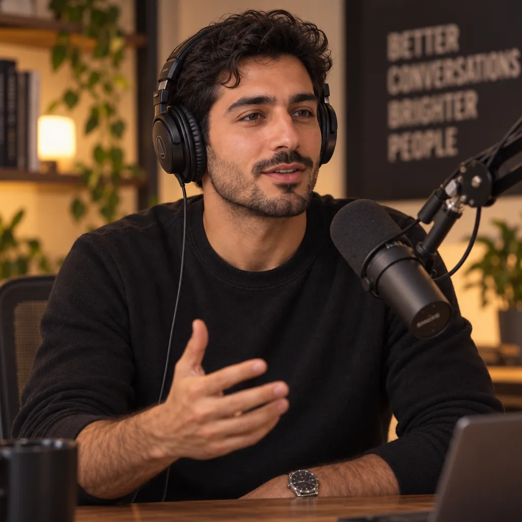 Podcast studio headshot, Leaning to mic pose
