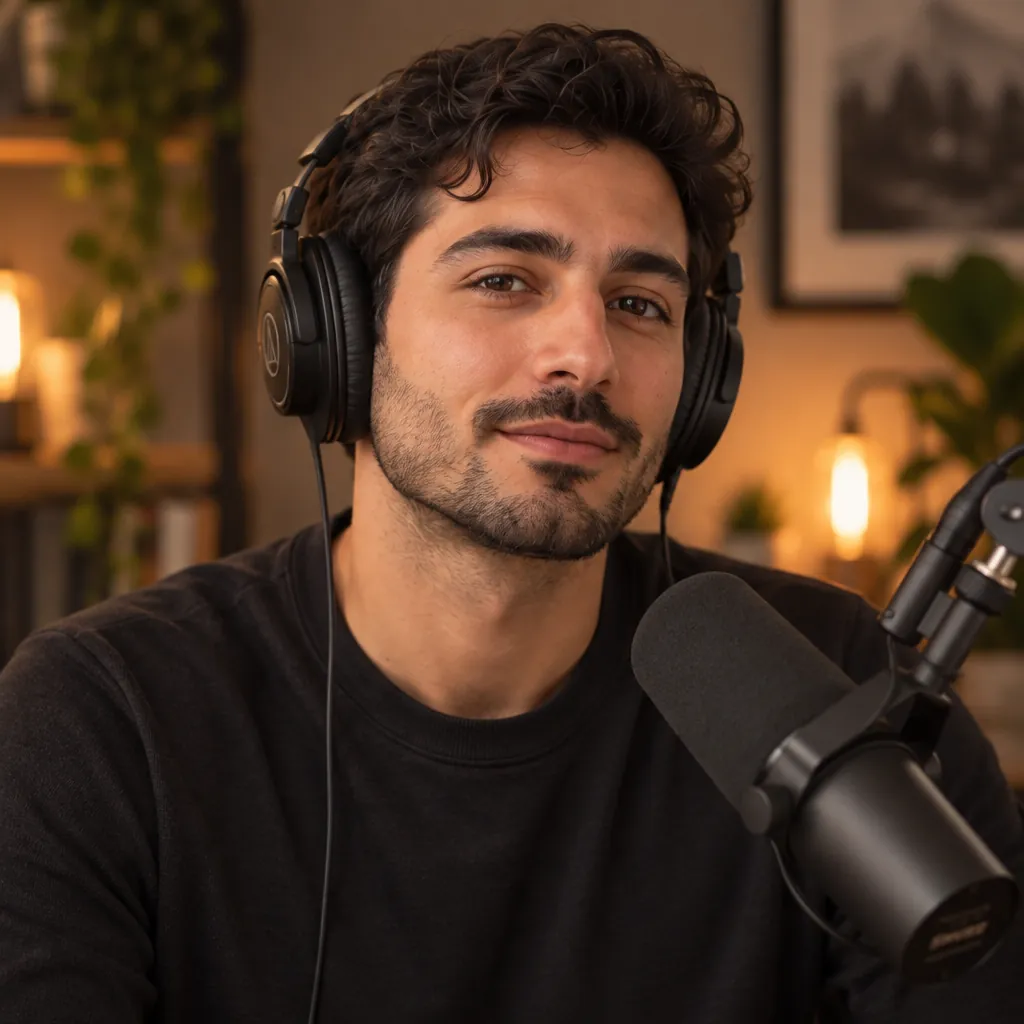 Podcast studio headshot, Attentive listen pose