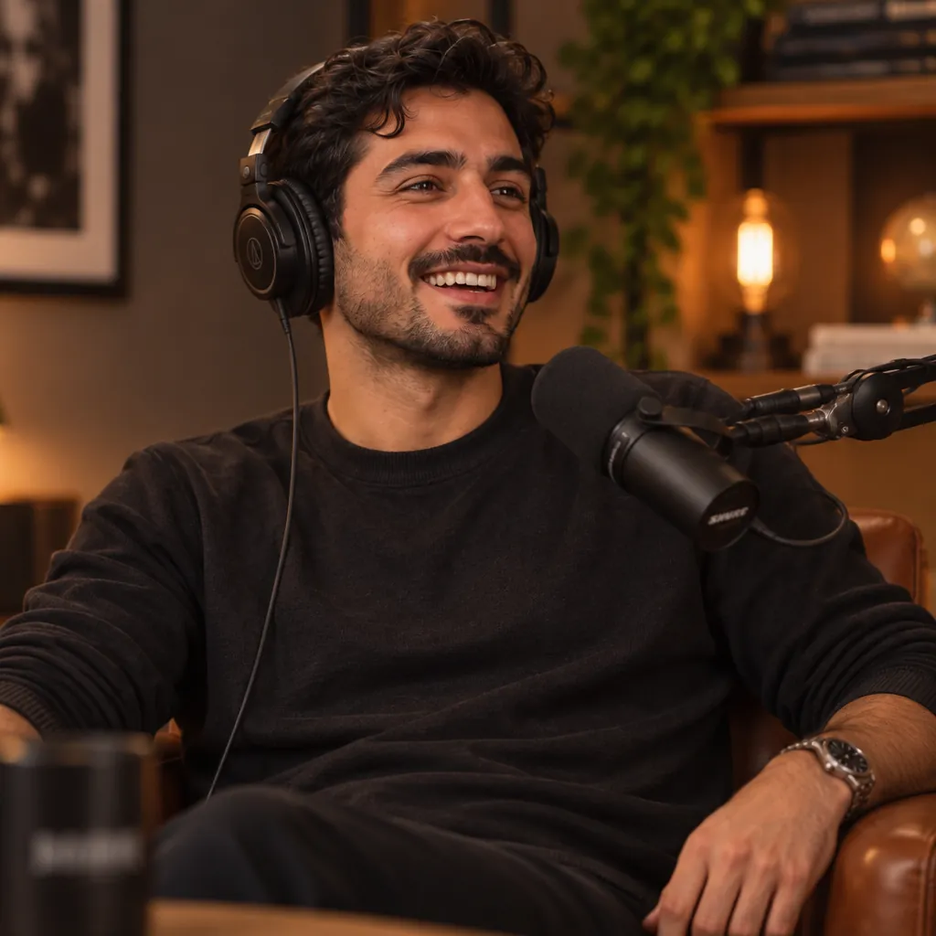 Podcast studio headshot, Relaxed laugh pose