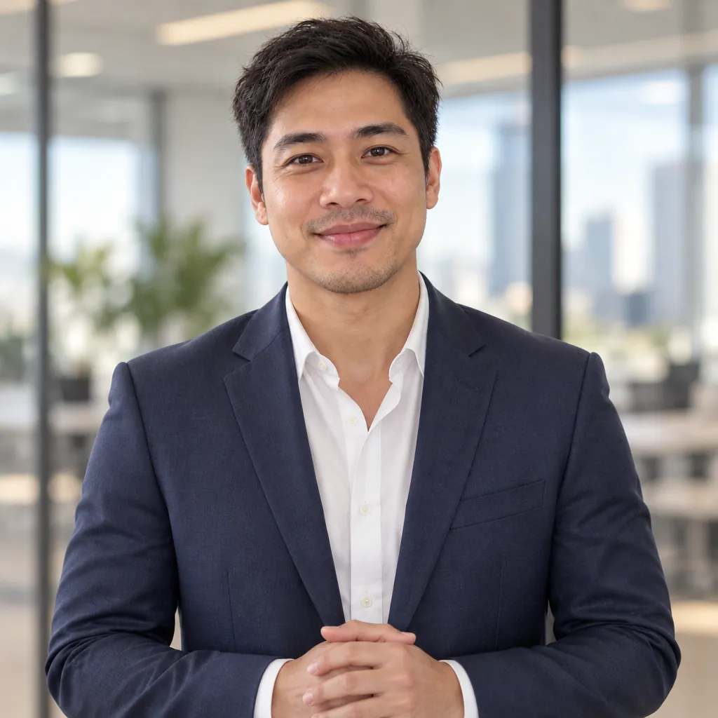 Sales open collar headshot, Hands clasped pose
