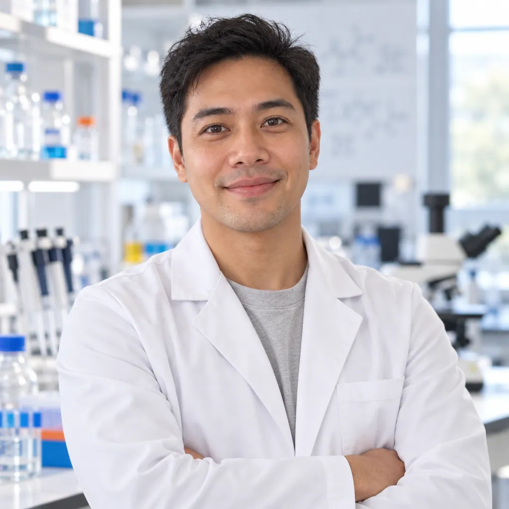 Scientist in lab headshot, Arms crossed pose