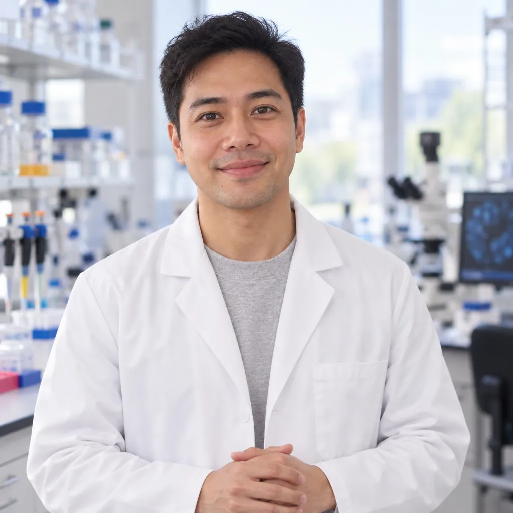 Scientist in lab headshot, Hands clasped pose