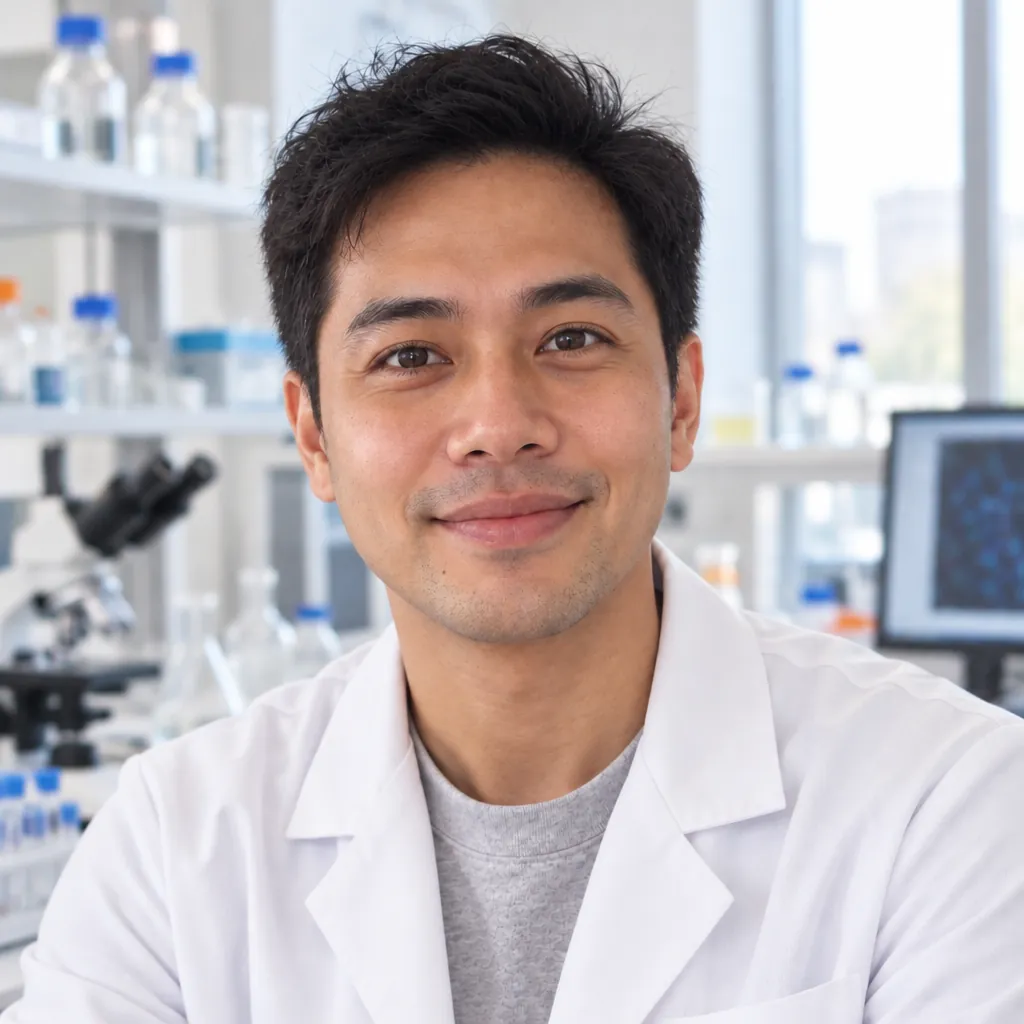 Scientist in lab headshot, Calm headshot pose