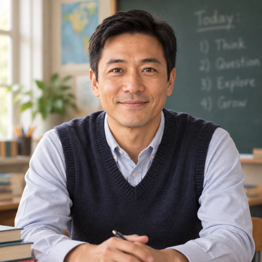 Teacher in classroom headshot, Seated lean pose