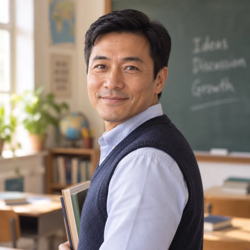 Teacher in classroom headshot, Three-quarter turn pose