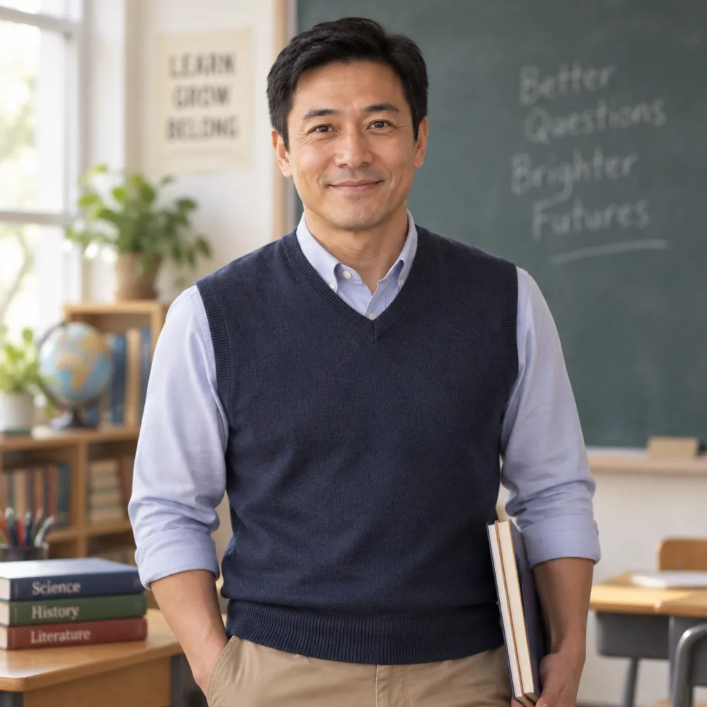 Teacher in classroom headshot, One hand in pocket pose
