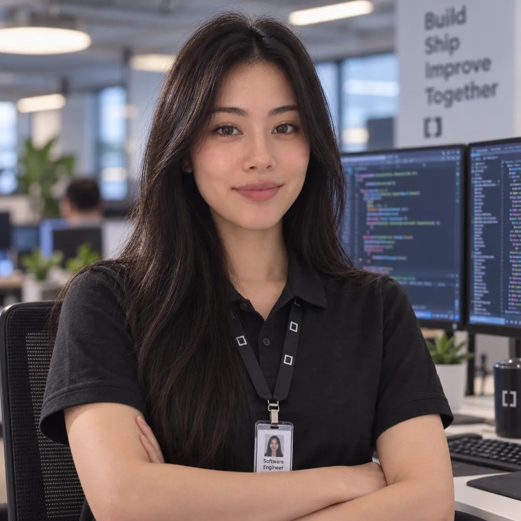 Engineer at dual screens headshot, Arms crossed pose