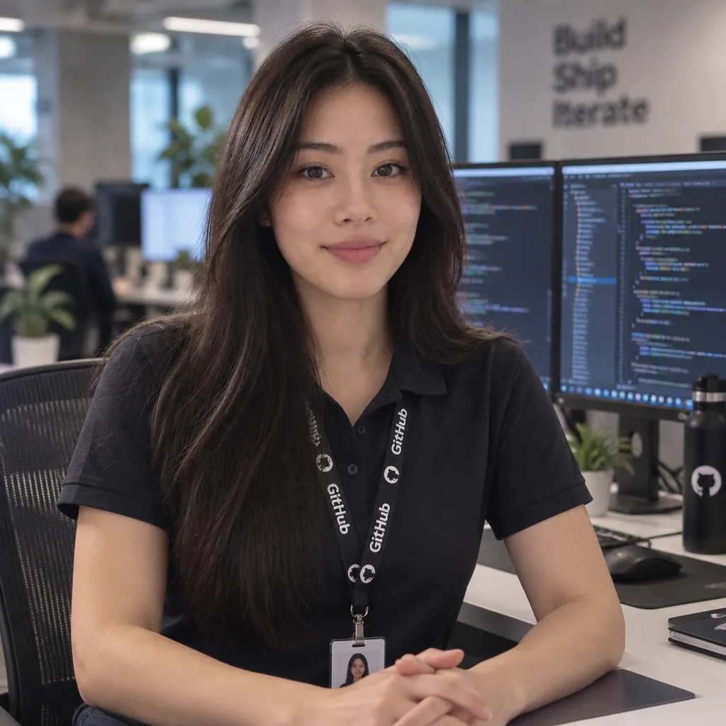 Engineer at dual screens headshot, Hands clasped pose