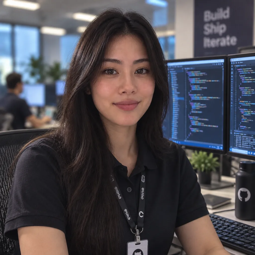 Engineer at dual screens headshot, Calm headshot pose