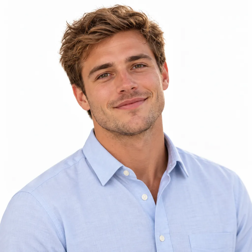 White casual headshot, Calm smile pose